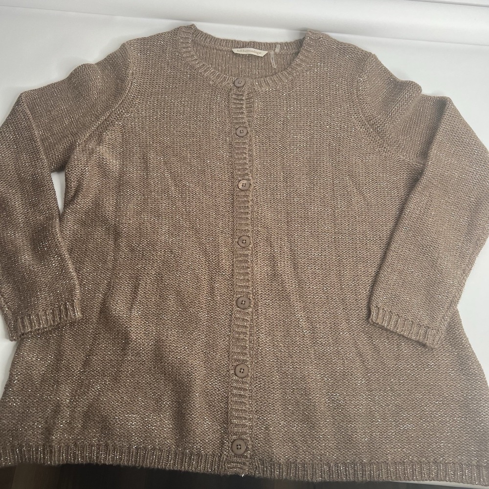 Soft Surroundings‎ Taupe Brown Metallic Knit Button Cardigan Large L Long Dressy